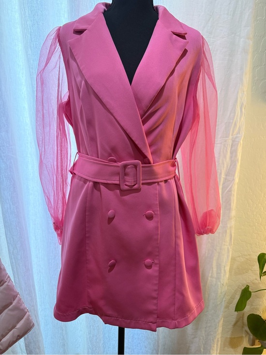 SHEIN Dresses & Skirts - SHEIN Pink Blazer Dress Sheer Mesh Sleeves Belted Double Breasted Size Large